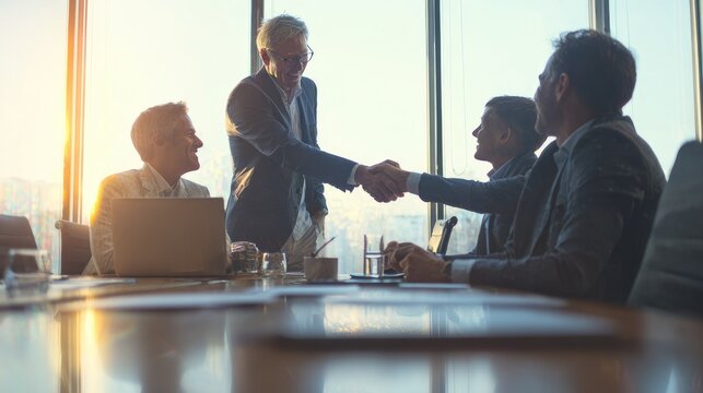 Ambitious entrepreneur pitching startup idea in boardroom using slideshow investors nodding handshake sealing deal