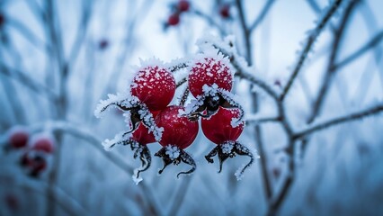 Frozen red rose hips covered in snow on winter branch