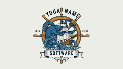 Fototapeta premium Vintage nautical software logo with sea monster and ship wheel.