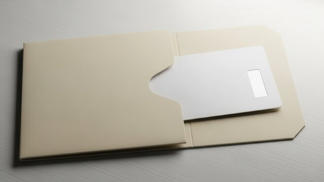 Slightly textured, minimalist manila folder constructed from recycled paper stock partially concealing a blank, white plastic card with a magnetic stripe, lying flat on a clean, bright white wooden