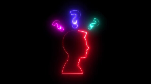 Neon line Silhouette head with question sign.Help icon, support concept, call center and customer service animation on black background