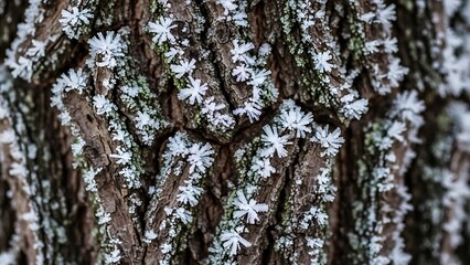 Obraz premium Frosty tree bark with white snowflakes and green moss