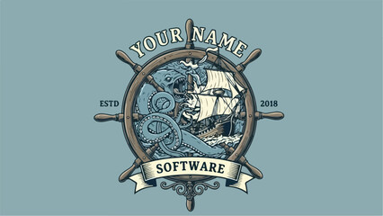Vintage nautical software logo with ship wheel and sailing vessel.
