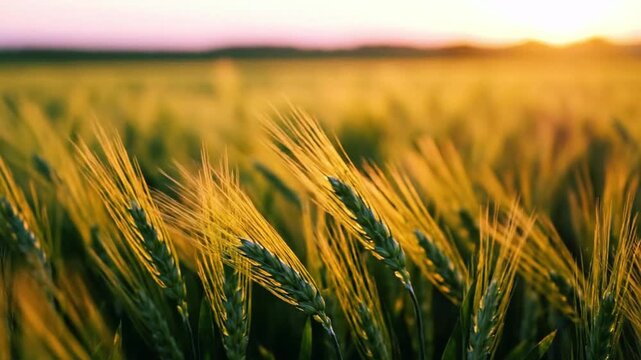 Experience the serene beauty of a golden grain field illuminated dramatically by the setting sun's warm glow.
