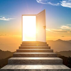 A grand, white door opens onto a radiant sunset, framed by stone steps leading to a mountainous vista