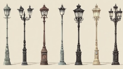 Vintage hand-drawn illustration of a collection of ornate Victorian street lamps and gas lanterns in classic sepia ink style on textured paper background