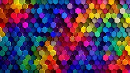 Abstract 3D Rendered Hexagonal Tile Pattern in Vibrant Rainbow Colors with Glossy Metallic Texture