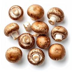 Brown mushrooms arranged on a white background
