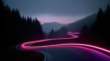 Obraz premium Night Road with Light Trails: Scenic Mountain Pass at Dusk with Pink Glow
