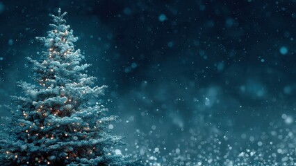 Cinematic deep blue Christmas background featuring a glowing decorated fir tree, heavy glittering snow falling, and atmospheric bokeh lights, perfect for winter holiday greetings.
