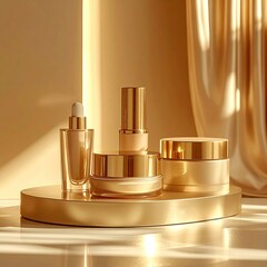 Golden skincare products displayed on a round, gold tray.  Luxe, high-end beauty.  Soft, golden light