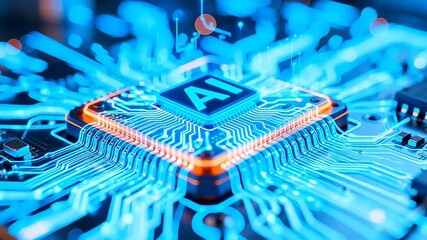 AI chip with glowing circuitry - Powered by Adobe