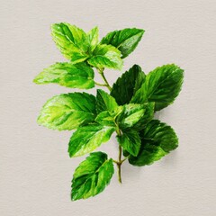 Vibrant Watercolor Painting of Fresh Green Leaves in Various Shades of Emerald and Lime on White and Teal Backgrounds