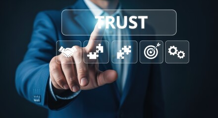Building Business Trust: Man Activating Trust Concept with Digital Interface for Partnership, Strategy, and Goals