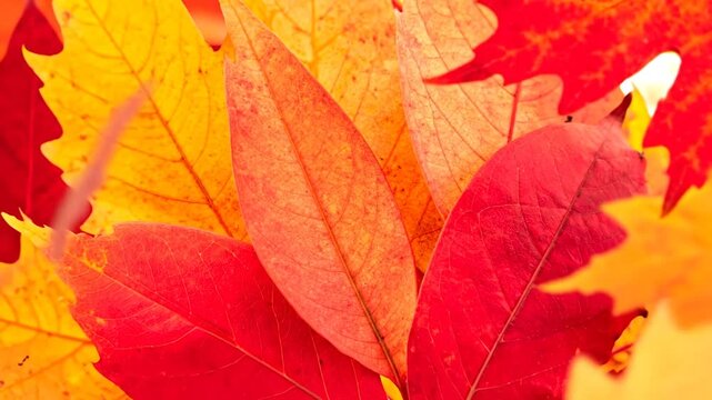 A vibrant close-up of autumn leaves in red, orange, and yellow hues, showcasing intricate veins