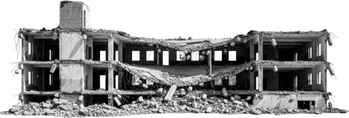 Black and white photograph of a severely damaged multistory concrete building showing collapsed floors exposed interior structure and piles of rubble against a dark background 194 characters