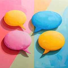 Four colorful speech bubbles on a vibrant, textured background