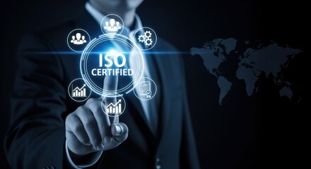 Man in Suit Interacting with ISO Certified Interface Overlay on Dark Background