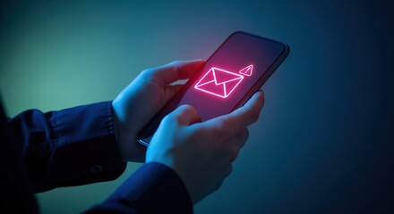 Person Holding Smartphone with Email Notification Icon Glowing Red, Indicating Unread Message and Urgent Communication