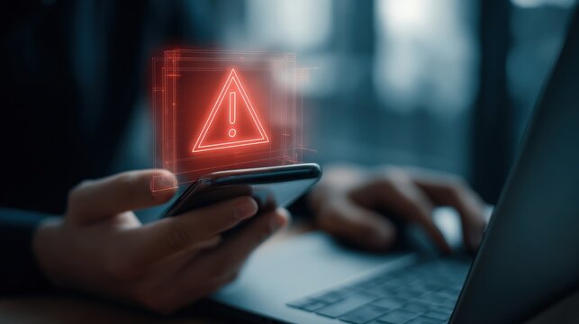 Cybersecurity alert on mobile phone with red warning triangle and person working on laptop - Powered by Adobe