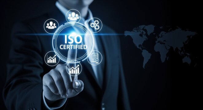 Man in Suit Interacting with ISO Certified Interface Overlay on Dark Background - Powered by Adobe