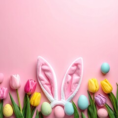 Pastel Easter celebration.  Pink background adorned with bunny ears, pastel colored eggs, and tulips.  Spring floral border