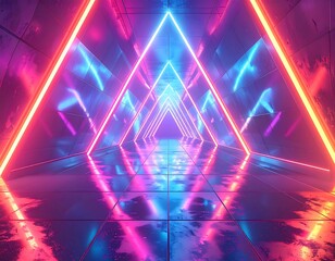 Futuristic tunnel with neon triangles, colorful and glowing