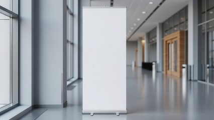 Sleek, minimalist white roll-up banner stand with a blank canvas surface, positioned prominently within a bright, modern office lobby featuring expansive windows and polished concrete floors, bathed