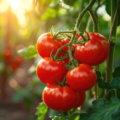 Ripe tomatoes cluster on vine, sunlight