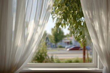 Tranquil View Through Sheer Curtains Framing Greenery and Urban Scene