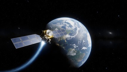 Satellite orbiting Earth in outer space.