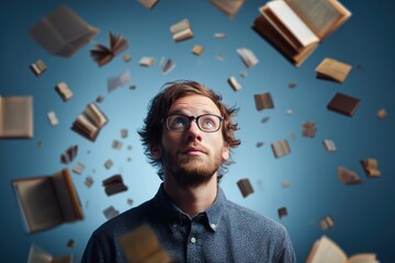 Man Surrounded by Floating Books with Thoughtful Expression and Blue Background