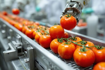 Robotic Arm Picking Fresh Tomatoes on Production Line in Food Processing Plant