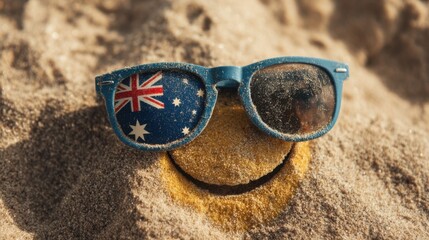 Sunny day at the beach with a smiley face made of sand wearing blue sunglasses