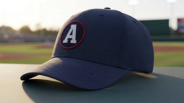Textured navy blue baseball cap with a prominent white &ldquo;A&rdquo; emblem within a red circular patch, casually resting on a green surface with a blurred baseball field background bathed in the warm, golden