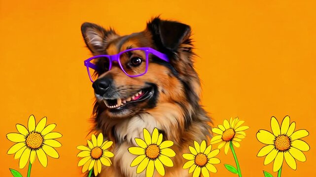 Happy fluffy dog wearing bright purple eyeglasses smiles cheerfully amidst a row of cheerful yellow cartoon sunflowers against a vibrant orange background