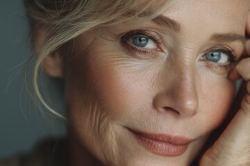 Close-up Portrait of Woman with Radiant Skin and Expressive Blue Eyes