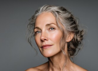 Graceful elderly woman with silver hair, natural beauty, and serene expression