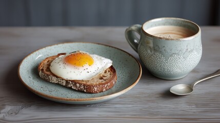 Delicious Breakfast Spread with Fried Egg on Toast and Coffee Mug