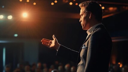 A dynamic speaker captivates the audience with engaging gestures and powerful words. Energy fills the room as knowledge is presented. Generative AI
