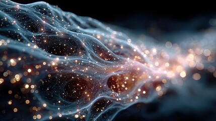 Neural network abstraction data particles forming fluid connections organic geometry iridescent colors high detail cinematic lighting quantum-inspired art style