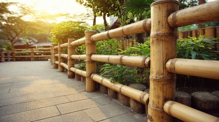 Natural bamboo railing lines a sunlit garden pathway with lush foliage.