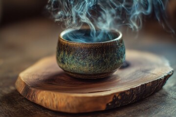 Serene Green Tea Cup with Steam on Wooden Surface in Cozy Atmosphere