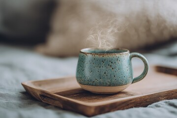 Cozy Blue Mug with Steam on Wooden Tray in Soft Bedroom Setting