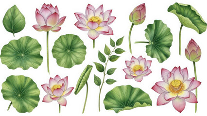 Beautiful water lily flowers and leaves collection