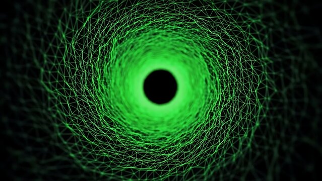 A swirling vortex of bright green lines converging into a dark central void - Powered by Adobe