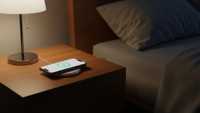 Warmly illuminated modern smartphone resting on a sleek, dark wood wireless charging pad beside a minimalist bedside table lamp, softly lit within a cozy bedroom setting, intended for advertising