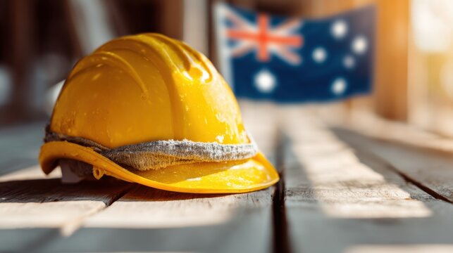 Yellow hard hat rests on wooden surface with Australian flag in background during sunny day at construction site