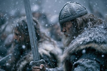 Brave warriors in winter battle gear with swords and snowflakes falling