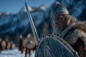 Majestic Nordic Warrior with Sword and Shield in Snowy Mountain Landscape